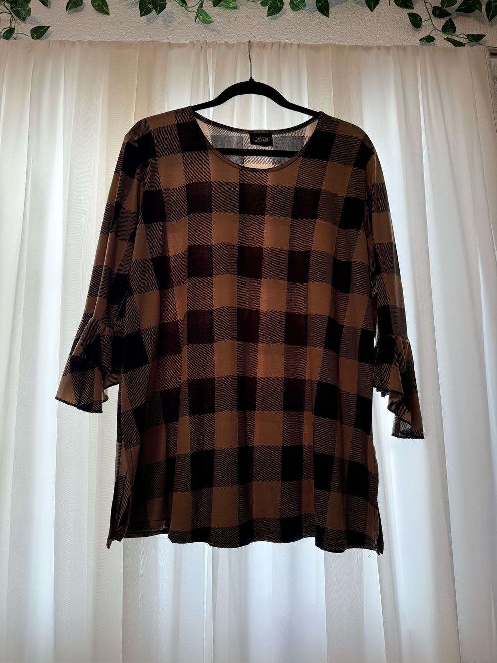 Checked Tunic Top in Brown and Black with Ruffle Sleeves